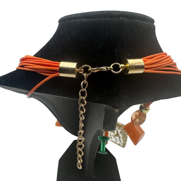 Chunky Orange Geometric Resin Bead Statement Necklace Adjustable Cord Gold Finis - Picture 3 of 3